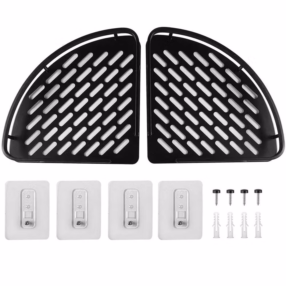EONLION 2-Piece Black Corner Shower Rack and Bathroom Storage Organiser with Adhesive Mounting and Drainage Design – 3