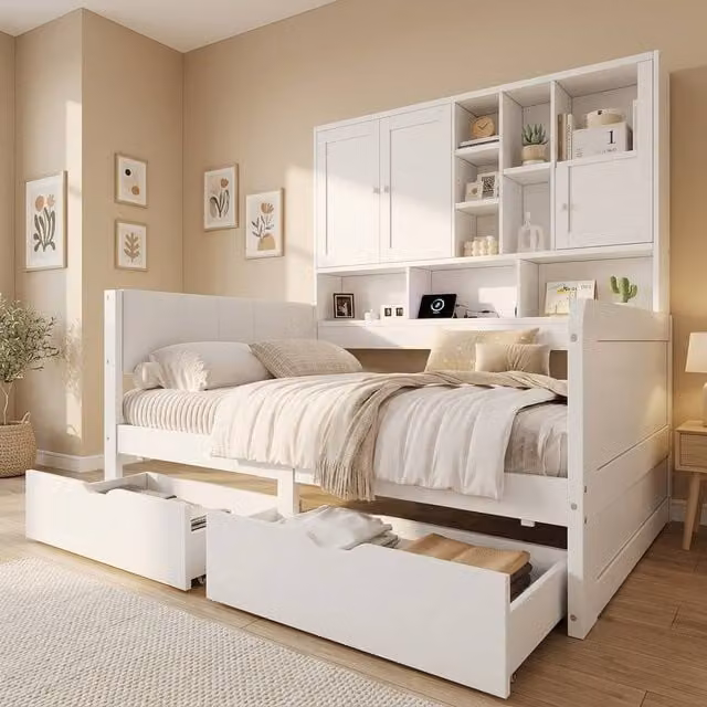 STILVORA Single Storage Bed in White with LED Lighting, USB Charging Port and Drawers, W/D/H: 90 x 190 cm