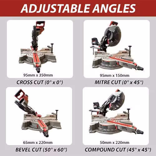 Lumberjack 12 Inch Double Bevel Mitre Saw with LED Shadow Light in Red W/D/H: 1000 x 760 x 340 mm – 9