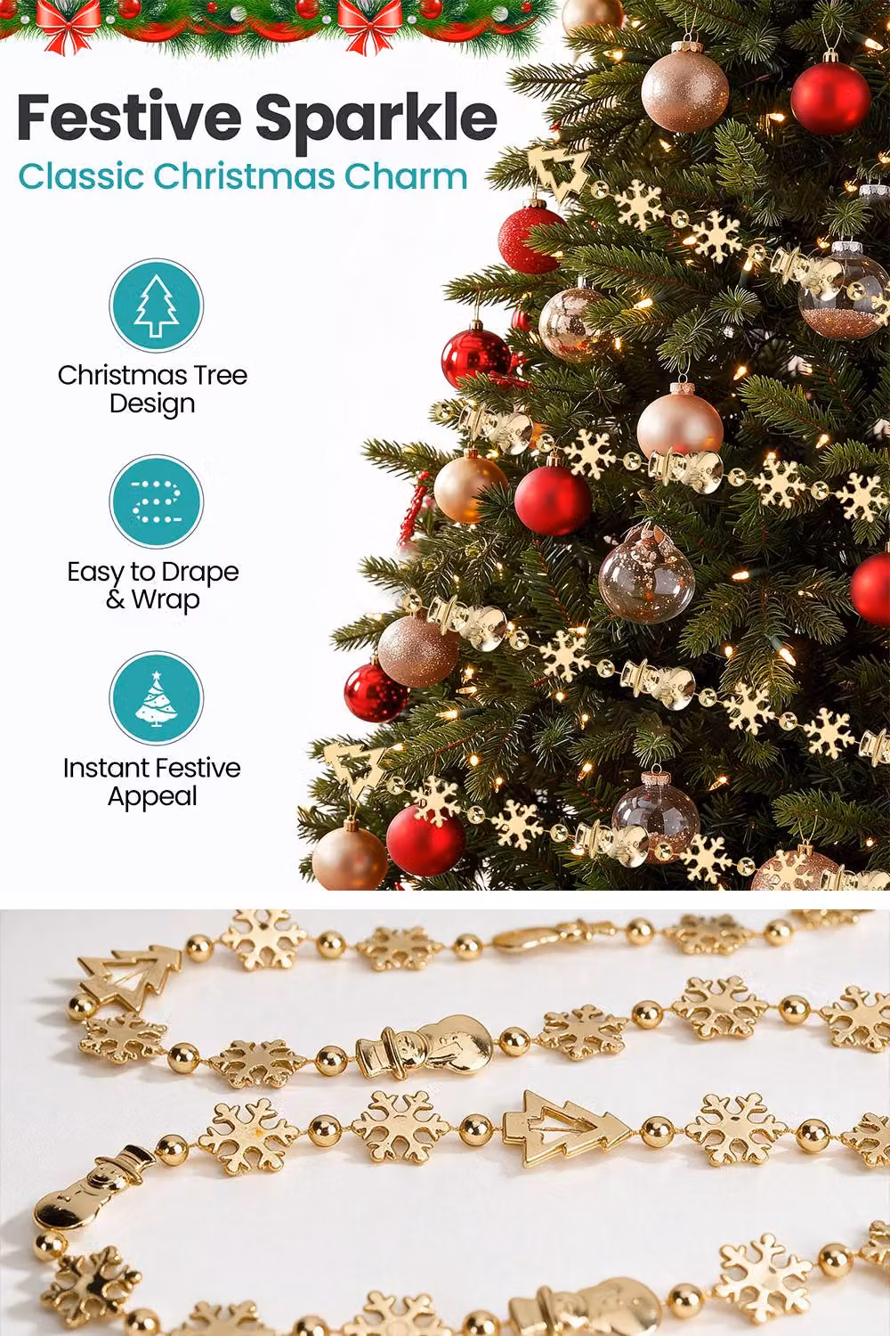 Neel Blue Christmas Bead Chain Garland with Gold Beads and Snowflake Motifs – 3