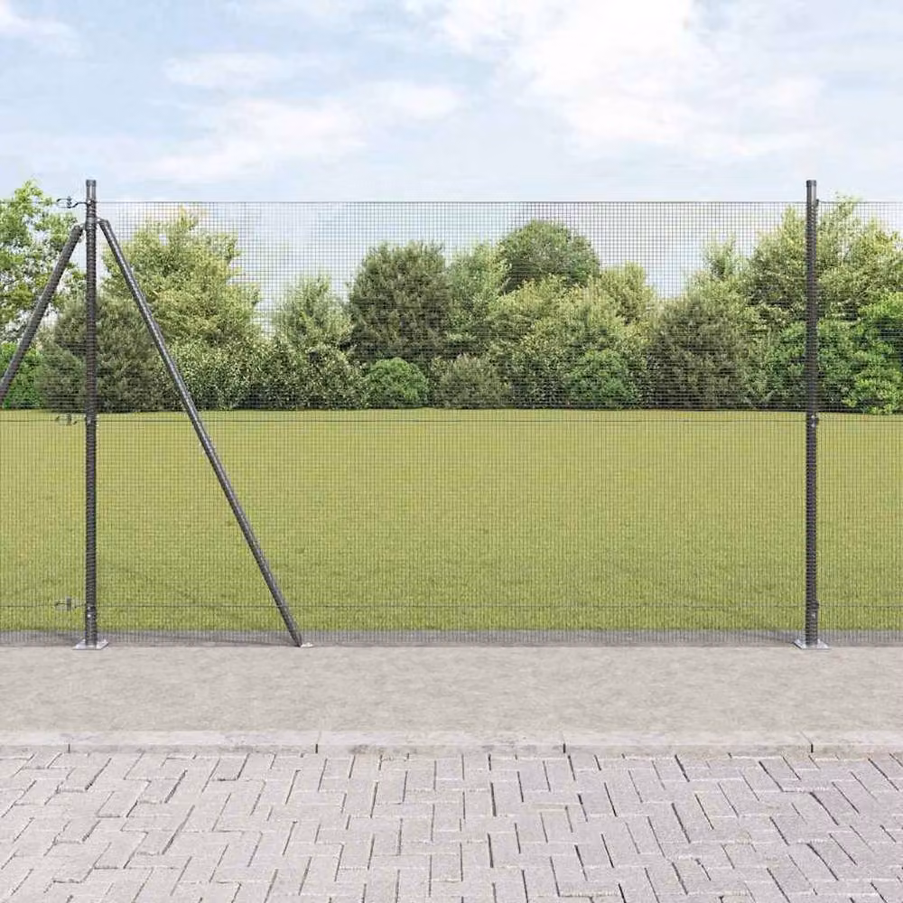 Berkfield Home Modern Welded Wire Fence with 13 Flanged Posts, Grey Steel, W: 2.5 m, H: 1.6 m – 2