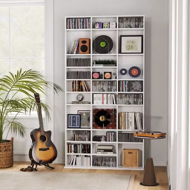 HOMCOM Modern Freestanding CD DVD Media Storage Shelves with Adjustable Shelves in Grey and White Marble Effect