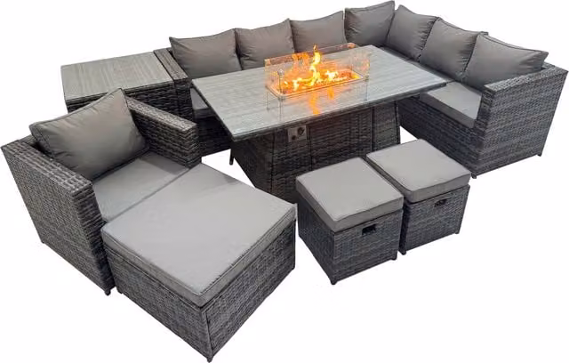 Fimous 10-Seater Outdoor Rattan Corner Sofa Set with Gas Firepit Table in Dark Grey
