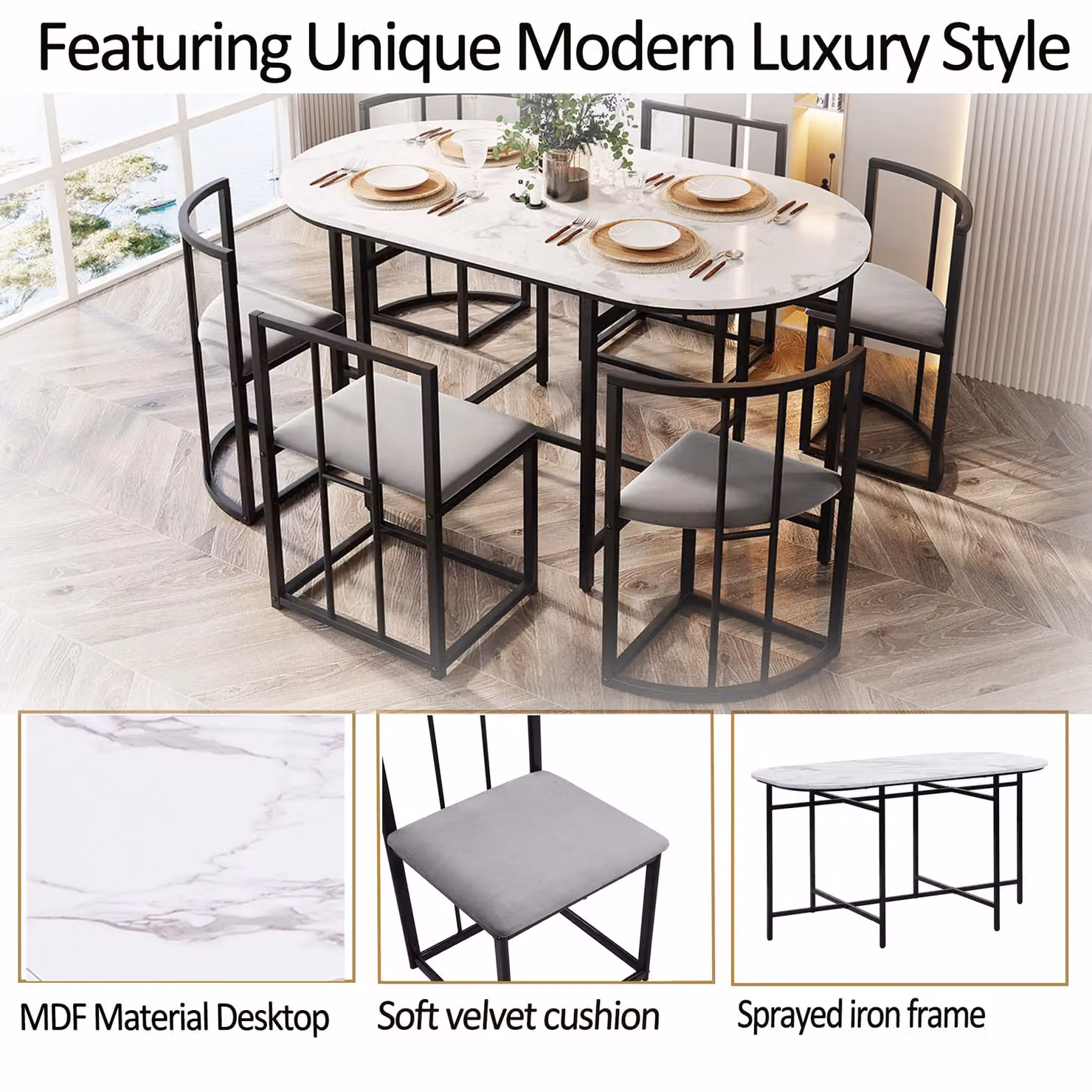 Matteo Modern Oval Dining Table Set with Six Chairs and Grey Cushions – 4