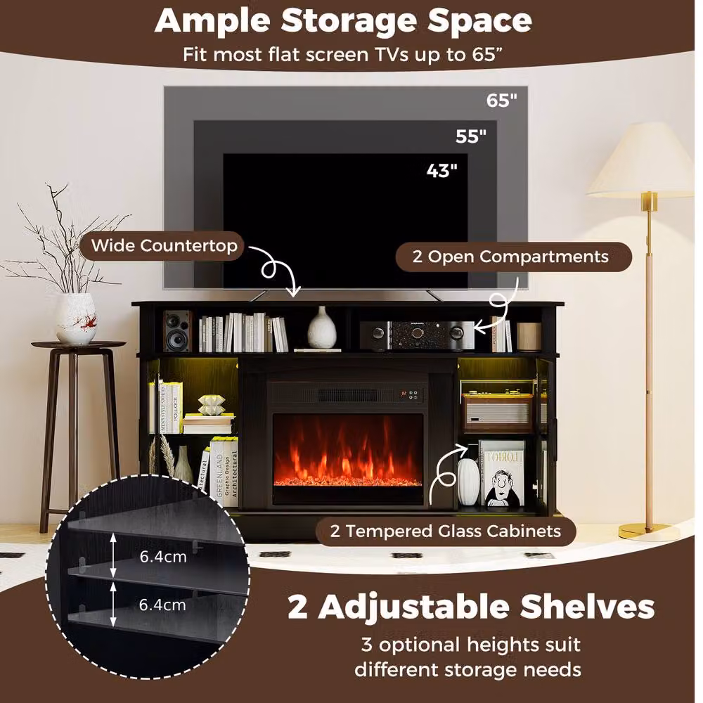 Gymax Modern Black Electric Fireplace TV Stand and Media Console with Integrated Lighting and Glass Details – 5