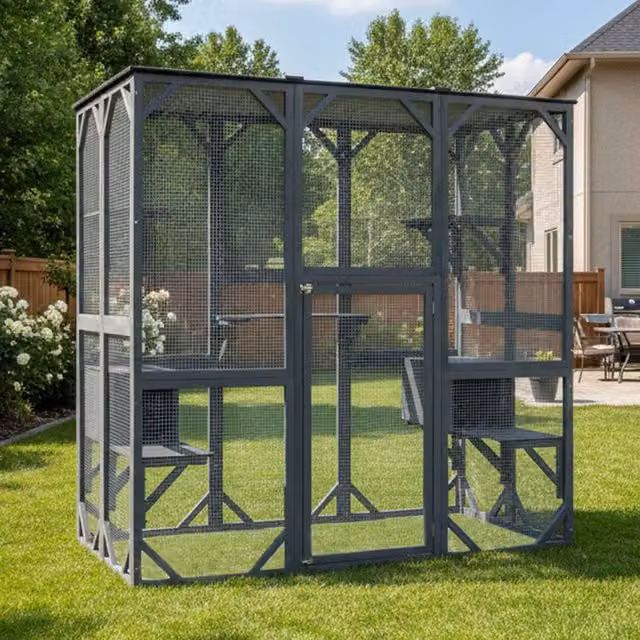 PawHaven Large Outdoor Wooden Cat Enclosure and Playpen in Grey, W/D/H: 177 x 92 x 179.5 cm