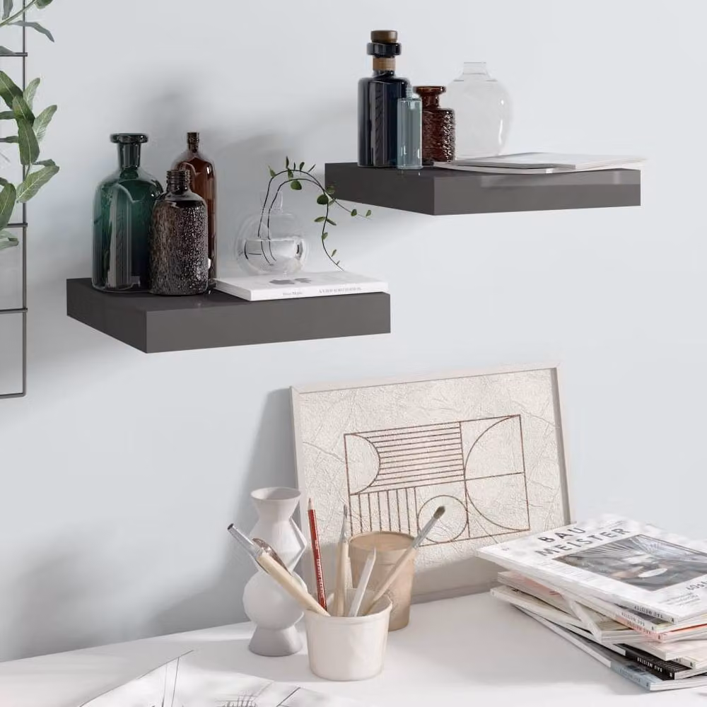 Berkfield Home Floating Wall Shelves, 2 Piece Set, High Gloss Grey, W: 23.5 cm, D: 23.5 cm, H: 2.0 cm – 2