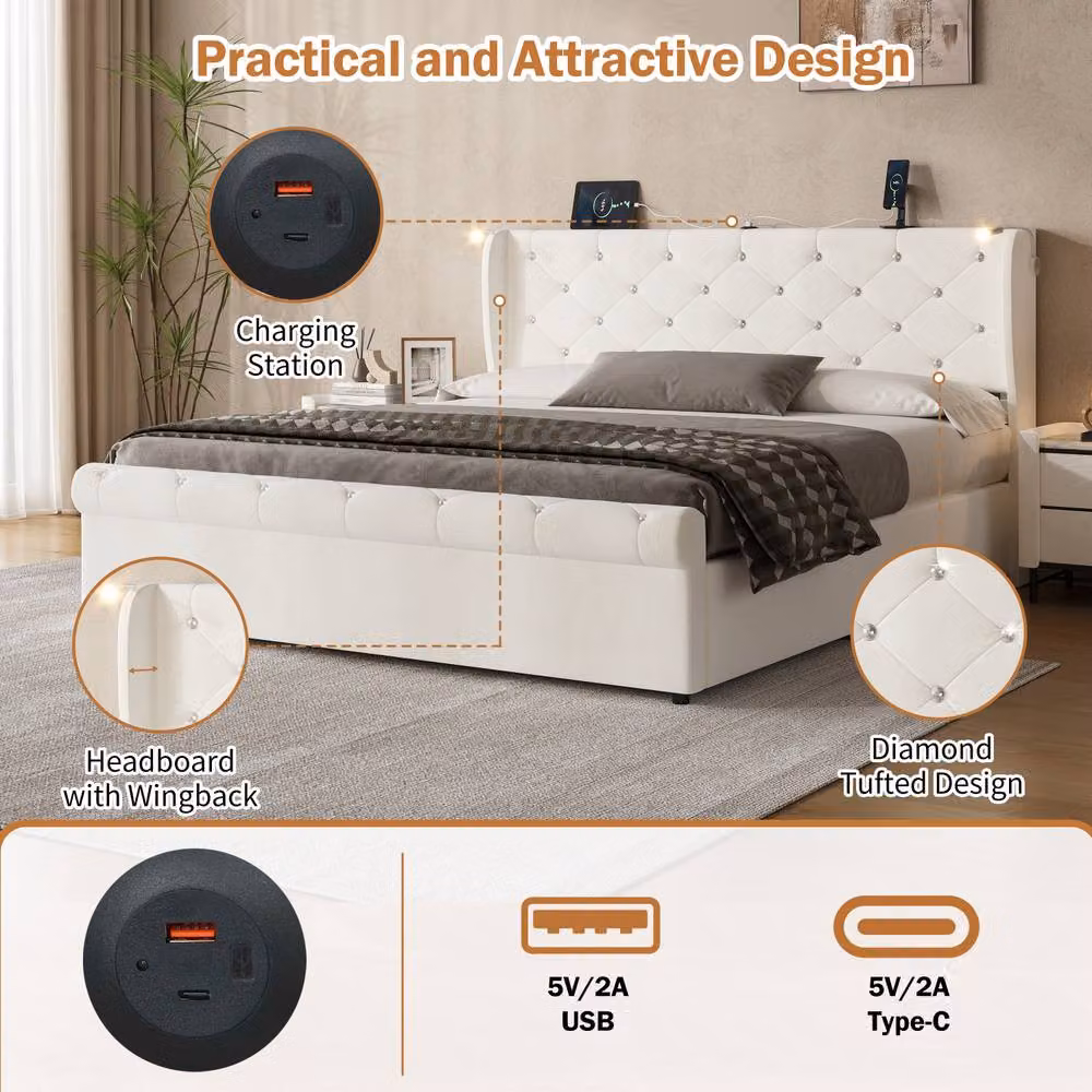 ModernLuxe Upholstered King Bed with Ottoman Storage, Headboard, Integrated Reading Light and USB Charging Port in White, W/D/H: 160 x 200 x 102 cm – 5