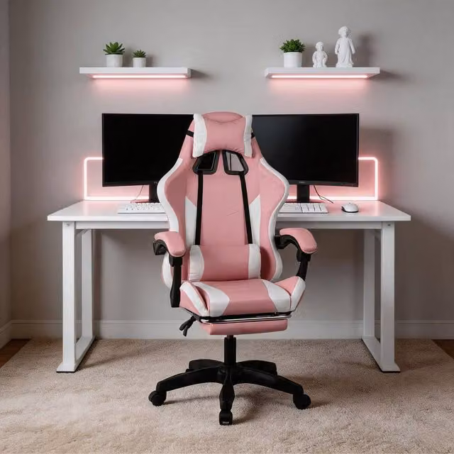 Home Source Neuro Pink Adjustable Gaming Chair with Footrest, Headrest and Lumbar Support – 1