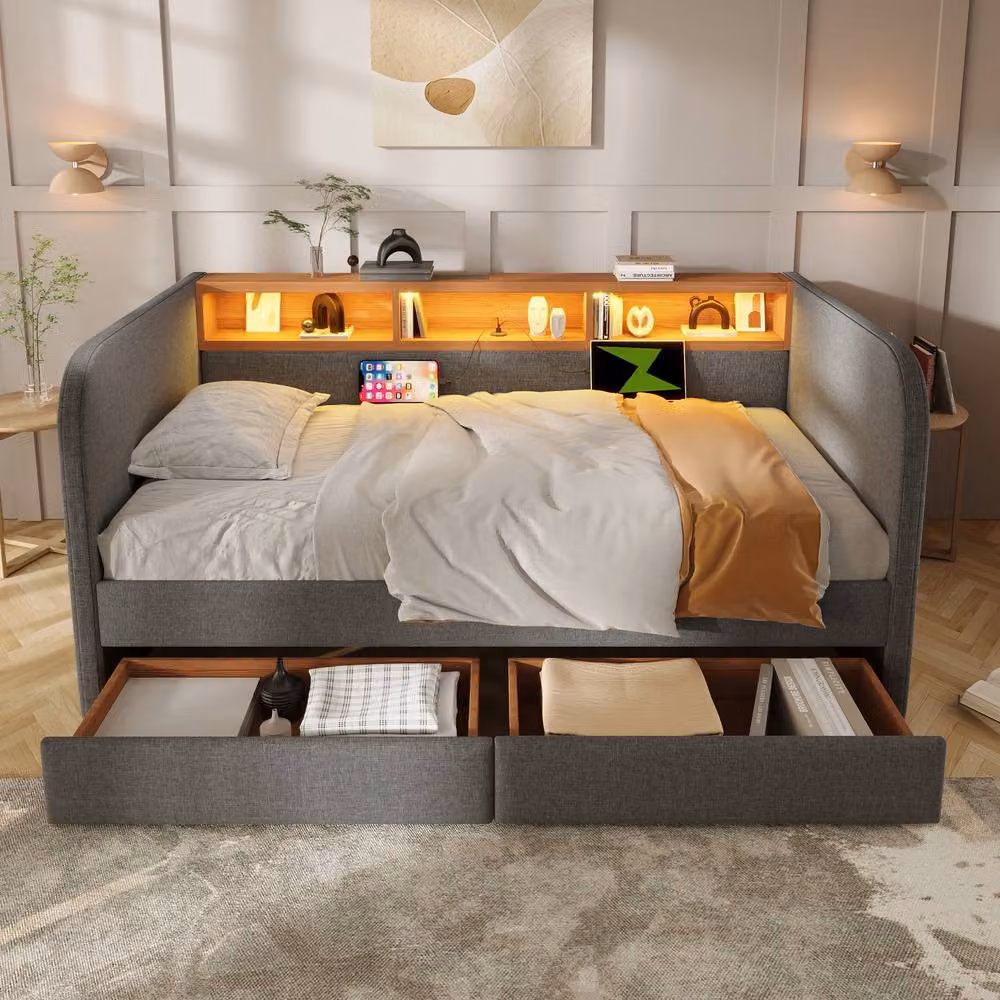 BTM Grey Linen Single Daybed with Storage Drawers, LED Headboard and USB Charging Port, W/D/H: 90 x 190 x 36.6 cm – 2