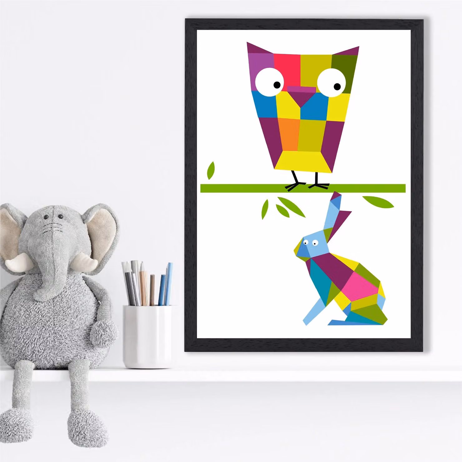 ARTZE Owl Bright Geometric Animal Framed Print, Multicolour, Black Frame, A4 – 2
