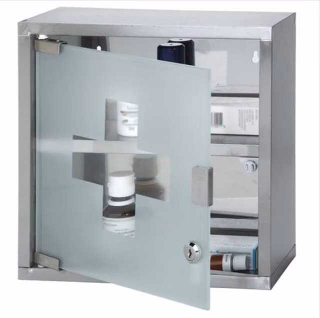 UMKY Silver Wall Mounted Bathroom Medicine Cabinet with Lock and Glass Hinged Doors