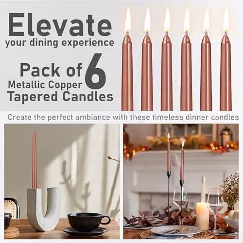 Deco Express Set of 6 Classic Dripless Tapered Metallic Copper Candles – 4