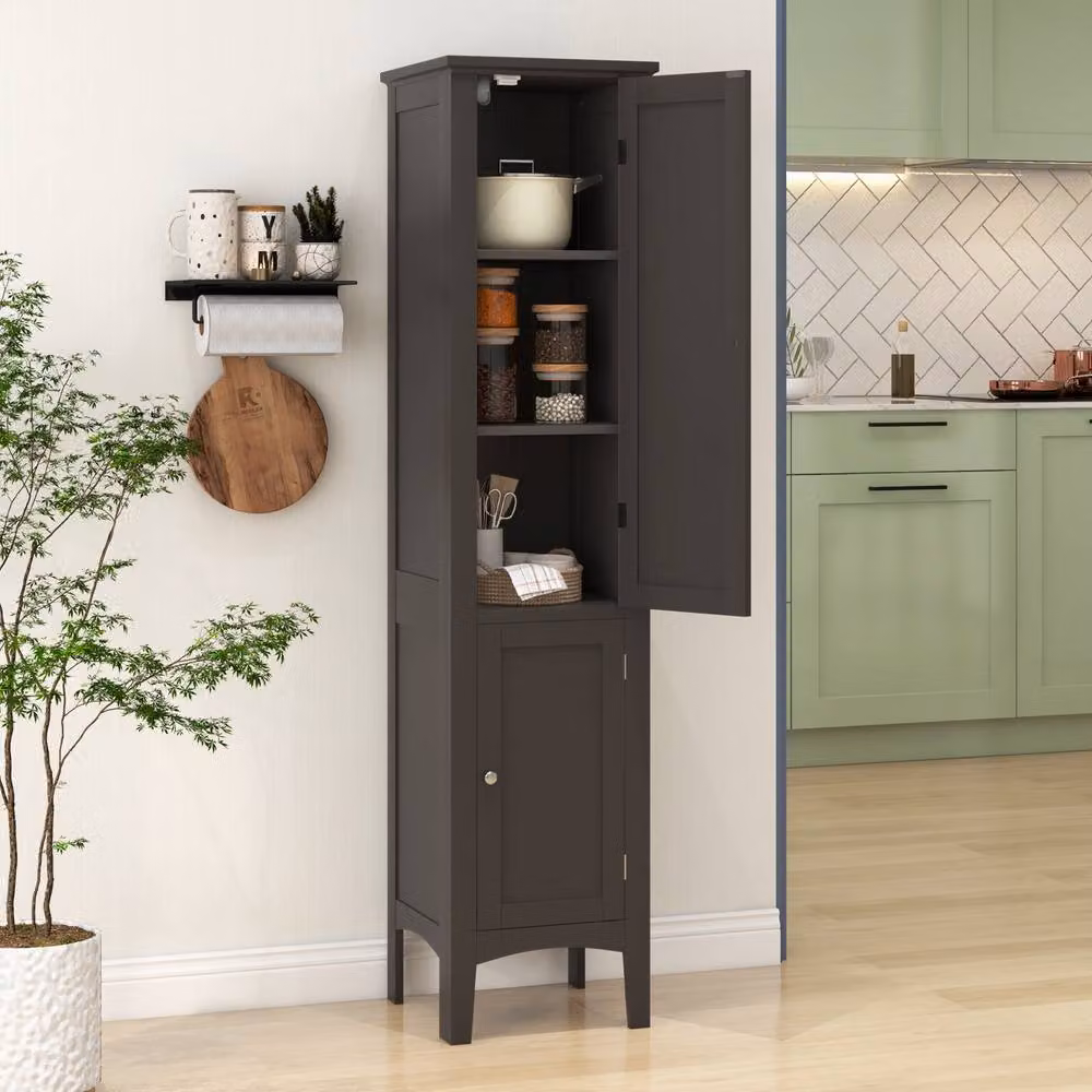 Costway 5-Tier Narrow Wooden Bathroom Storage Cabinet with 2 Shelves and Hinged Doors in Brown – 3