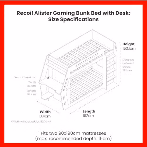 Recoil Alister Gaming Bunk Bed with Desk in Anthracite, Green and Grey, W/D/H: 190 x 90 x 237.1 cm – 5