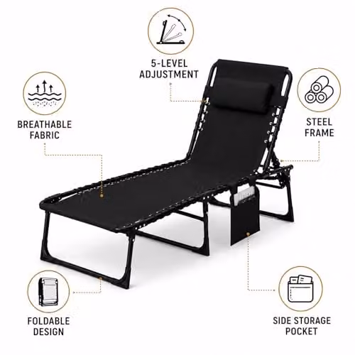 SHATCHI Black Folding Sun Lounger with 5-Position Adjustable Headrest and Textilene Fabric, W/D/H: 185 x 120 x 58 cm – 9