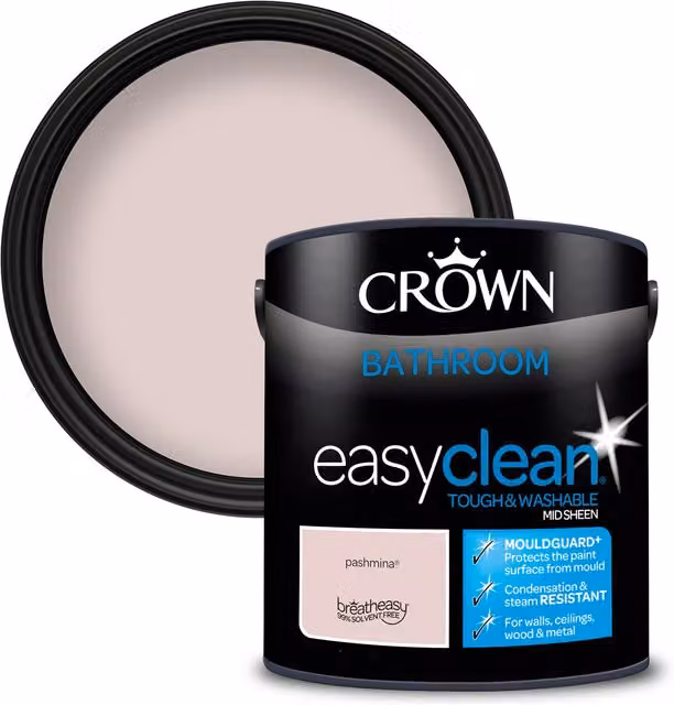 Crown Easyclean Blush Pink Anti Mould Bathroom Paint, Satin Gloss, 2.5L