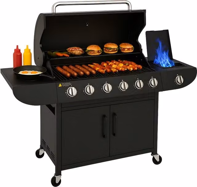 Campfire 6+1 Gas Burner BBQ Barbecue with Side Burner in Black and Stainless Steel