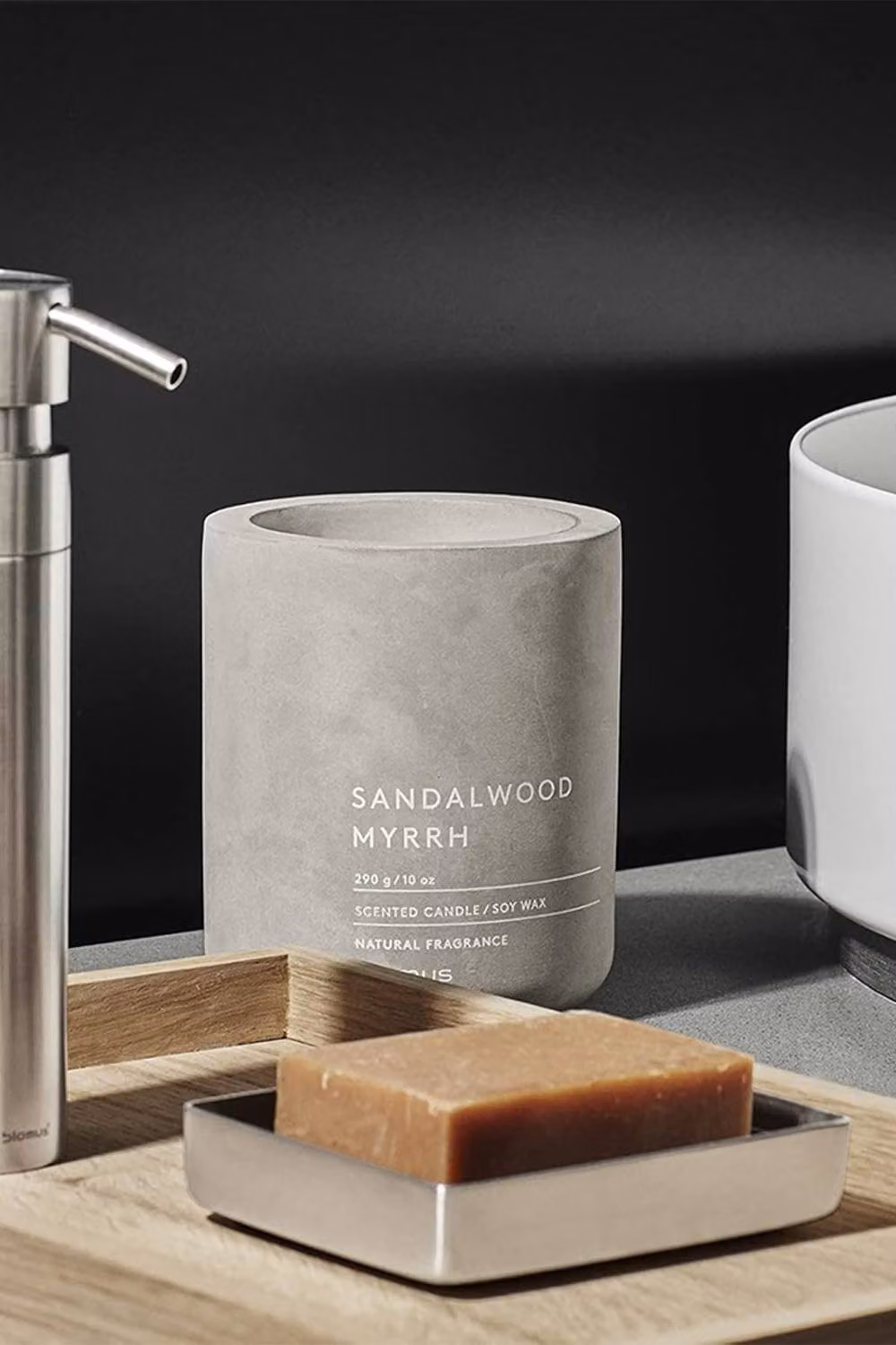 Blomus Fraga Sandalwood Myrrh Scented Pillar Candle, Grey Concrete – 3
