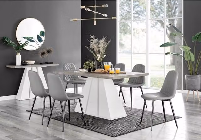 FurnitureboxUK Athens Grey Concrete Effect Rectangular Dining Table and 6 Corona Black Leg Chairs Set