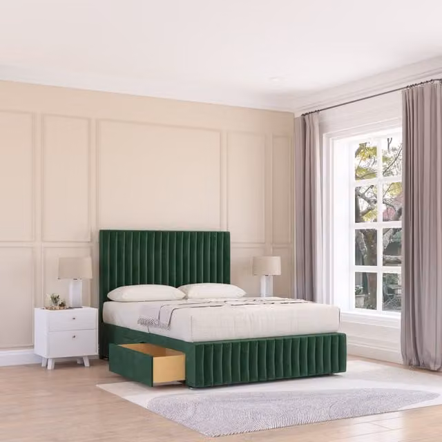 Sloomy Madison Small Double Divan Bed Base with 2 Drawers, 12 inch Footboard and 26 inch Struts Headboard in Emerald Green Velvet