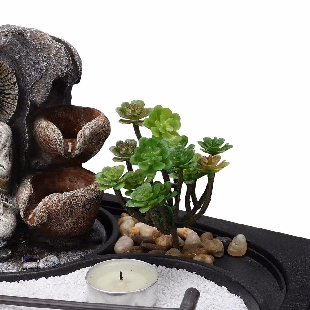 Living and Home Buddha Zen Tabletop Water Fountain in Green and Sand with LED Light – 7