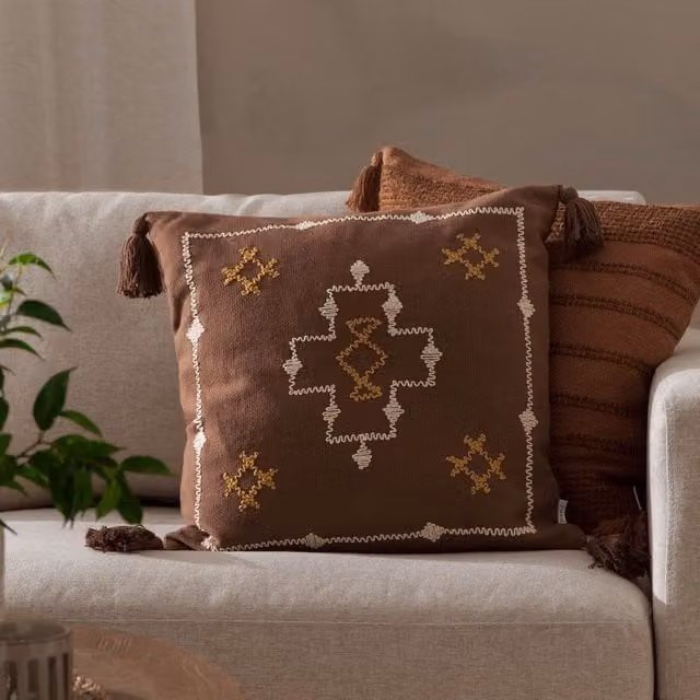 Yard Durdle Brown 100% Cotton Embroidered Tasselled Square Cushion, W/D/H: 45 x 45 x 45 cm – 1