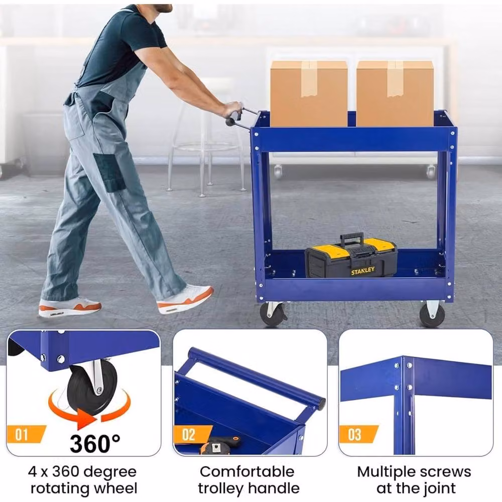 VOGREX 2 Tier Heavy-Duty Metal Utility Cart with Wheels, Blue – 2
