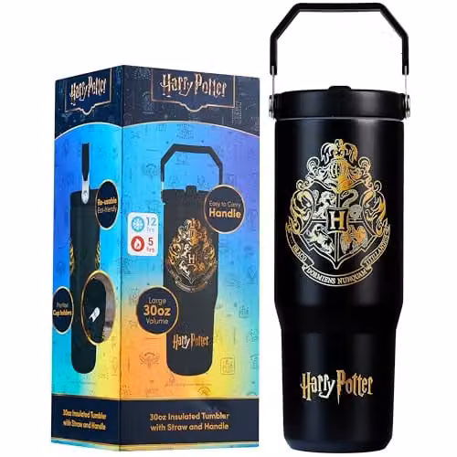 Get Trend Harry Potter Insulated Metal Travel Tumbler with Flip Up Straw and Handle, Black, 850ml
