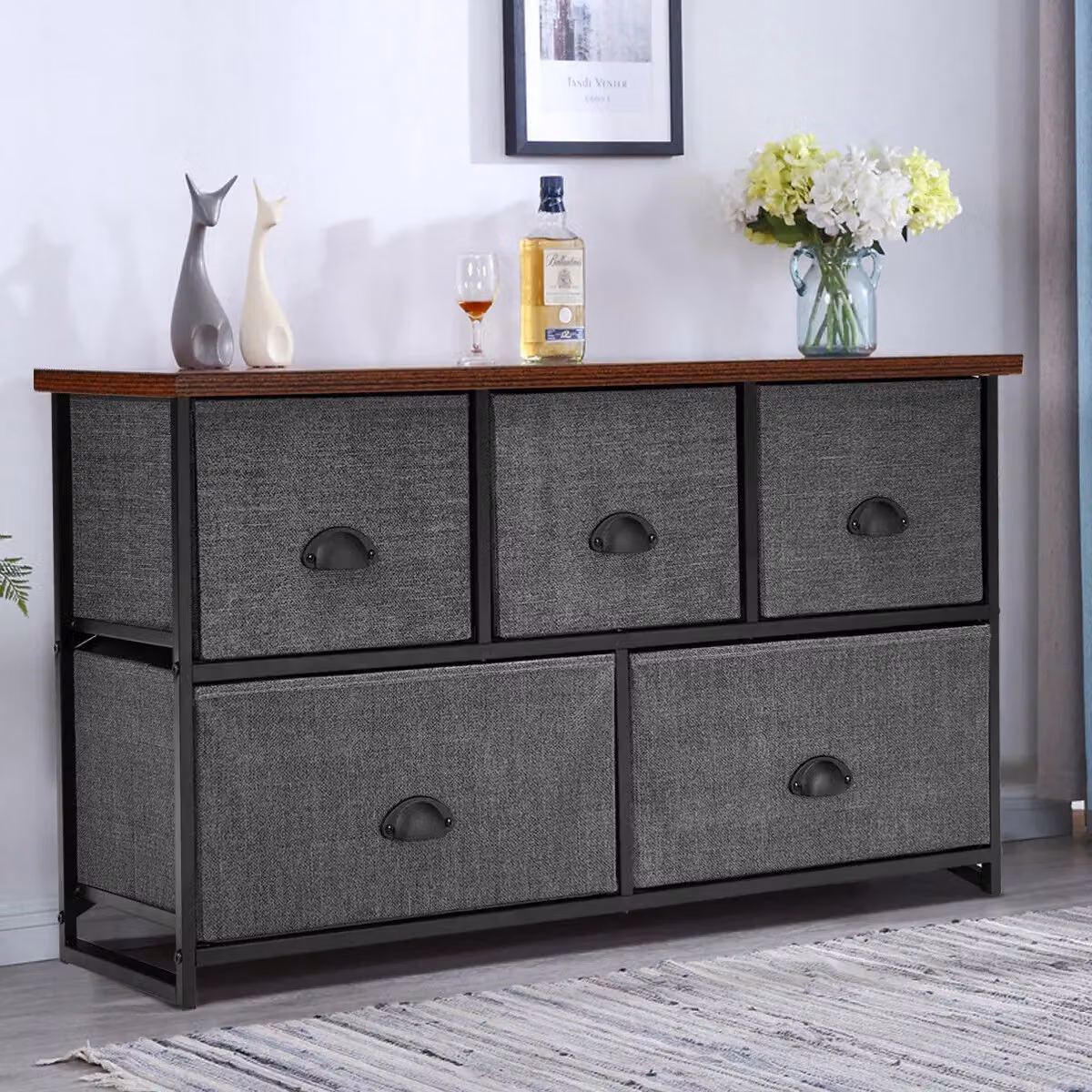 Gymax 2-Tier Chest of Drawers with 5 Fabric Baskets in Black and Grey – 5