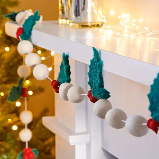 Paper High Felt Holly Christmas Garland with Pom Poms in Red, White and Green