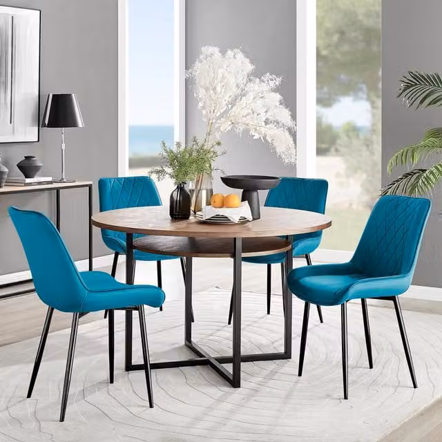 FurnitureboxUK Adley Brown Wood Round Dining Table and 4 Pesaro Blue Chairs with Black Legs – 1