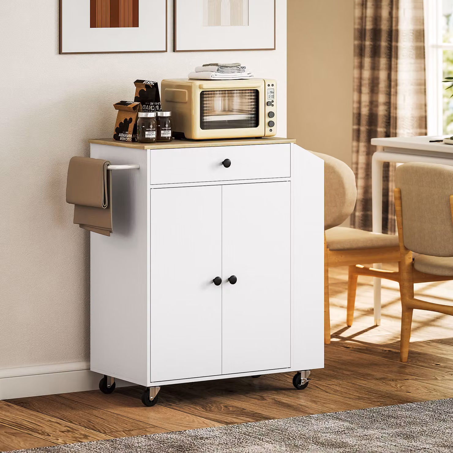 HOMCOM Rolling Kitchen Island with 3-Tier Spice Rack and Drawer in White – 5
