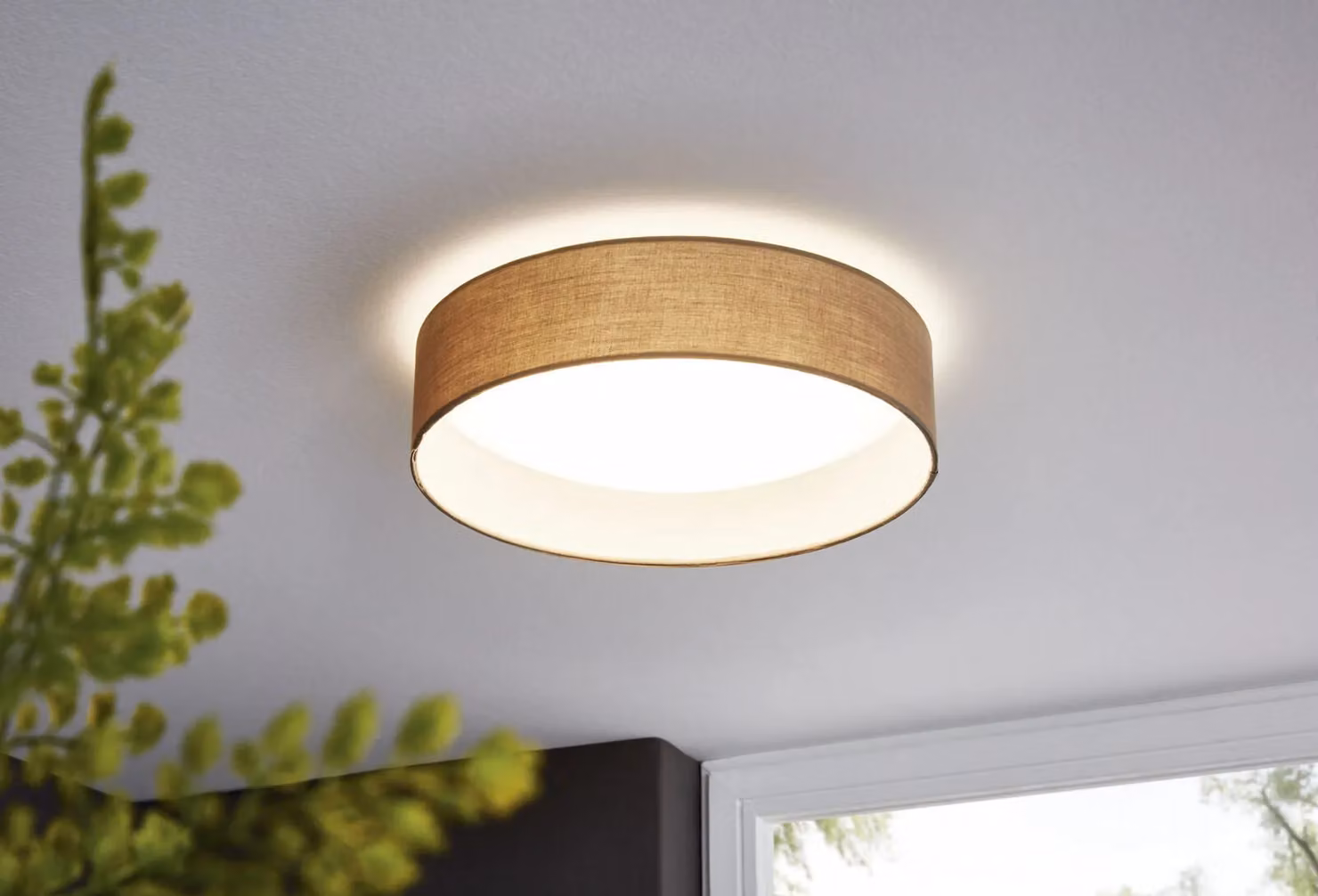 Loops LED Flush Ceiling Light in White with Taupe Fabric Shade – 2
