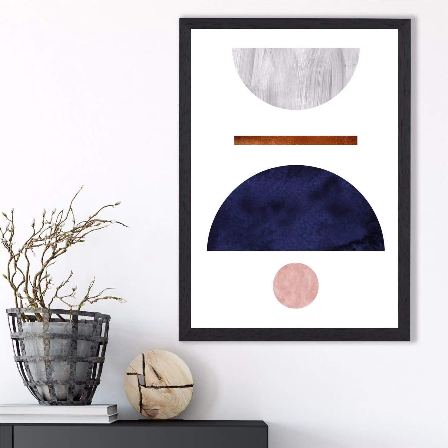 ARTZE Mid Century Geometric Abstract Framed Print in Blue, Grey and Pink with Black Frame – 2