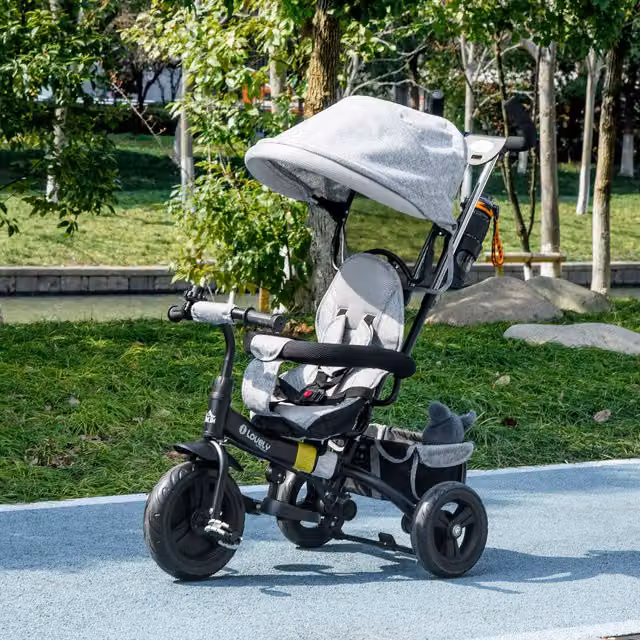 HOMCOM 6-in-1 Toddler Tricycle with Parent Push Handle and Canopy, Grey
