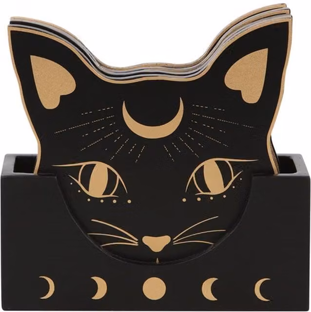 KDMK Mystic Mog Cat Face Coaster Set with Holder, Black