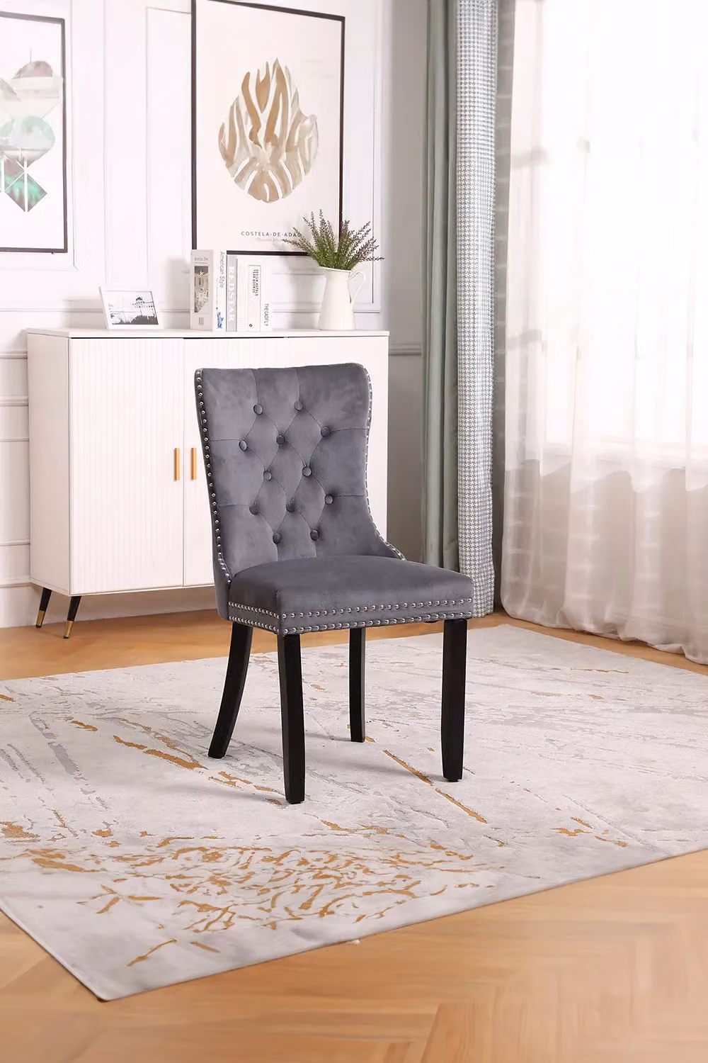 Neo Set of Six Studded Velvet Dining Chairs with Ring Knocker Detail in Dark Grey – 2