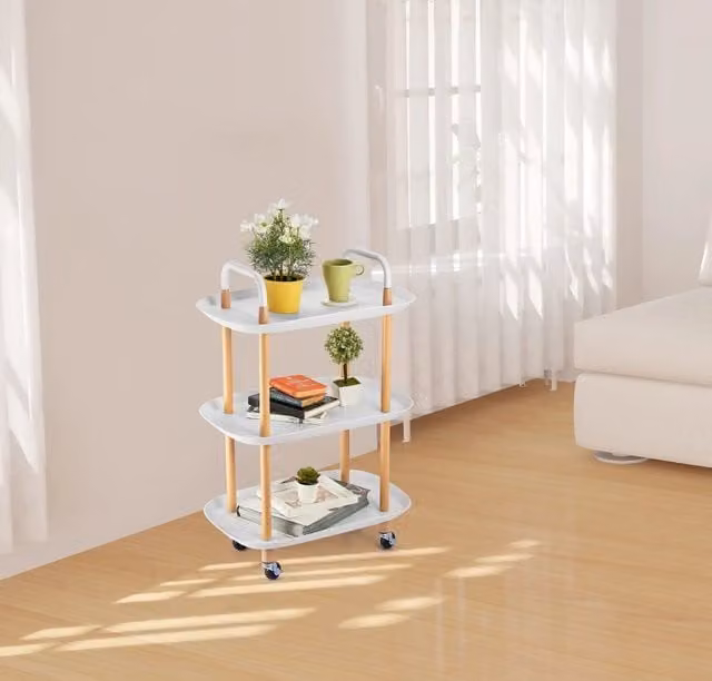 EONLION 3 Tier Beech Wood and Plastic Serving Trolley in White