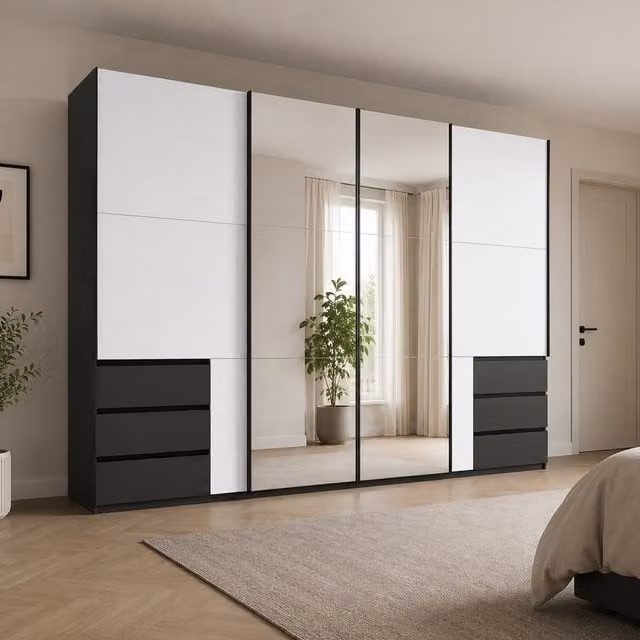 Level KDMD Modern Mirrored Sliding Wardrobe in White and Grey, W: 300 cm
