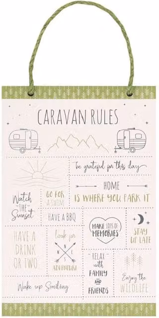 Kingsbury Gifts Happy Camper Rules Hanging Wood Wall Plaque, Multicolour