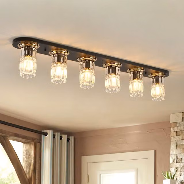 Garwarm 6 Light Crystal Dimmable Flush Mount Ceiling Light in Black and Gold/Brass, W: 120 cm – 1