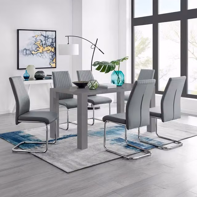 FurnitureboxUK Pivero Grey High Gloss Rectangular Dining Table and 6 Lorenzo Dining Chairs