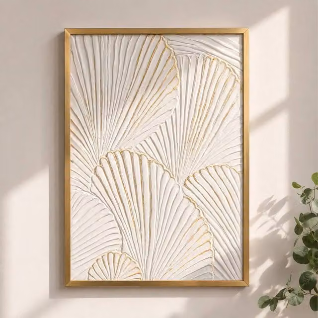 Melody Maison Gold and White Botanical Ginkgo Leaf Wall Art, Rectangular Vintage Floral Design, W: 55 cm, H: 80 cm