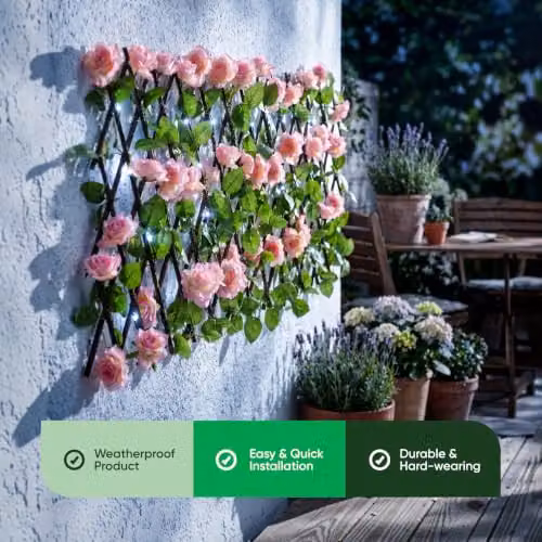 Gardenwize Solar Powered 100 LED Extendable Garden Trellis with Pink Flowers and Faux Ivy Backdrop – 5