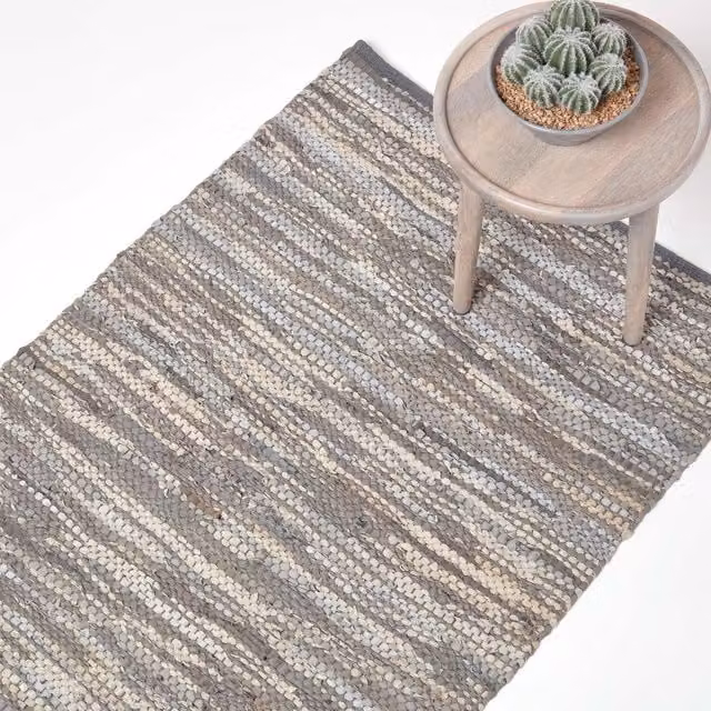 Homescapes Grey Patchwork Woven Leather Rug Runner, Length: 240 cm