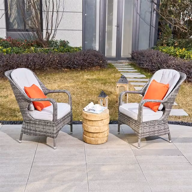 Abrihome Modern Rattan Set of 2 Chairs and Tea Side Table in Grey
