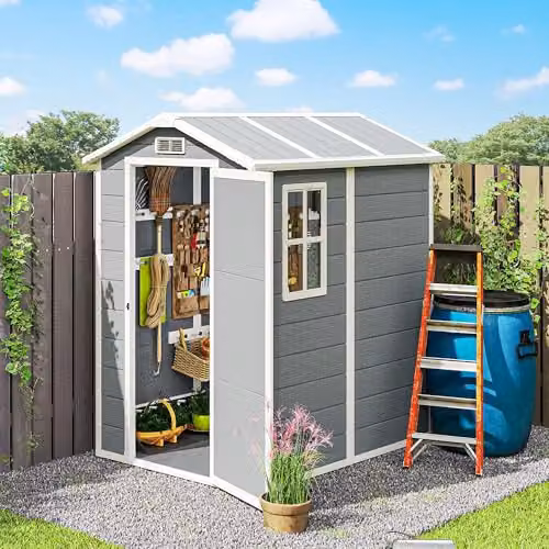 Outsunny Grey Plastic Garden Shed with Floor, Window and Lockable Single Door – 7