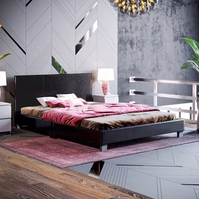 Vida Designs Lisbon Faux Leather Bed in Black, Double (W: 142 cm)