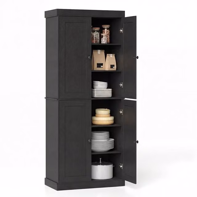 COSTWAY Modern Black Freestanding Tall Storage Cabinet with Soft Close Hinged Doors